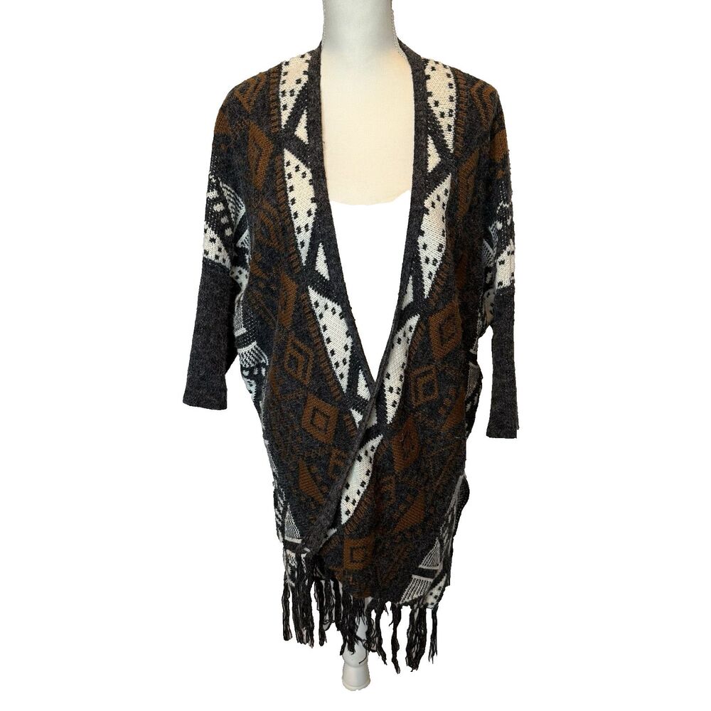 Pol Boho Western Sweater Small Fringed Brown Black Cream 3/4 Sleeve